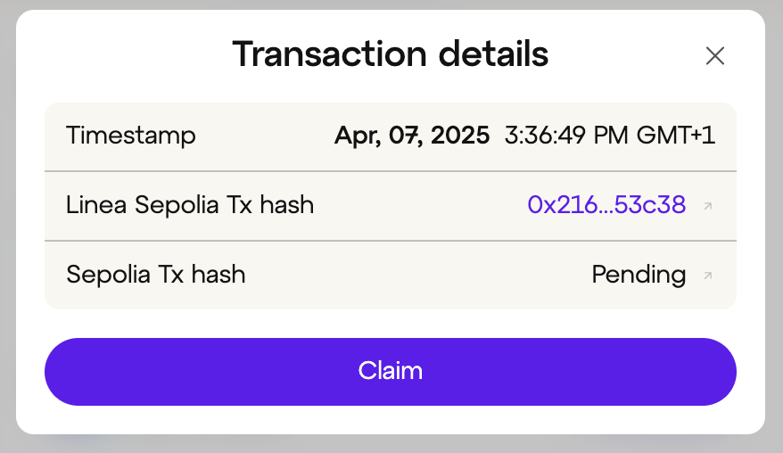 Claim transaction button in modal