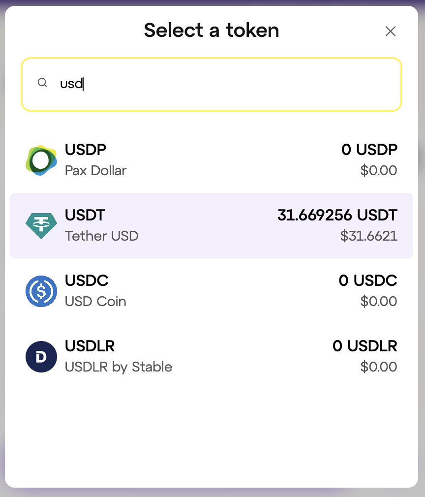 Token selector showing USD stablecoins